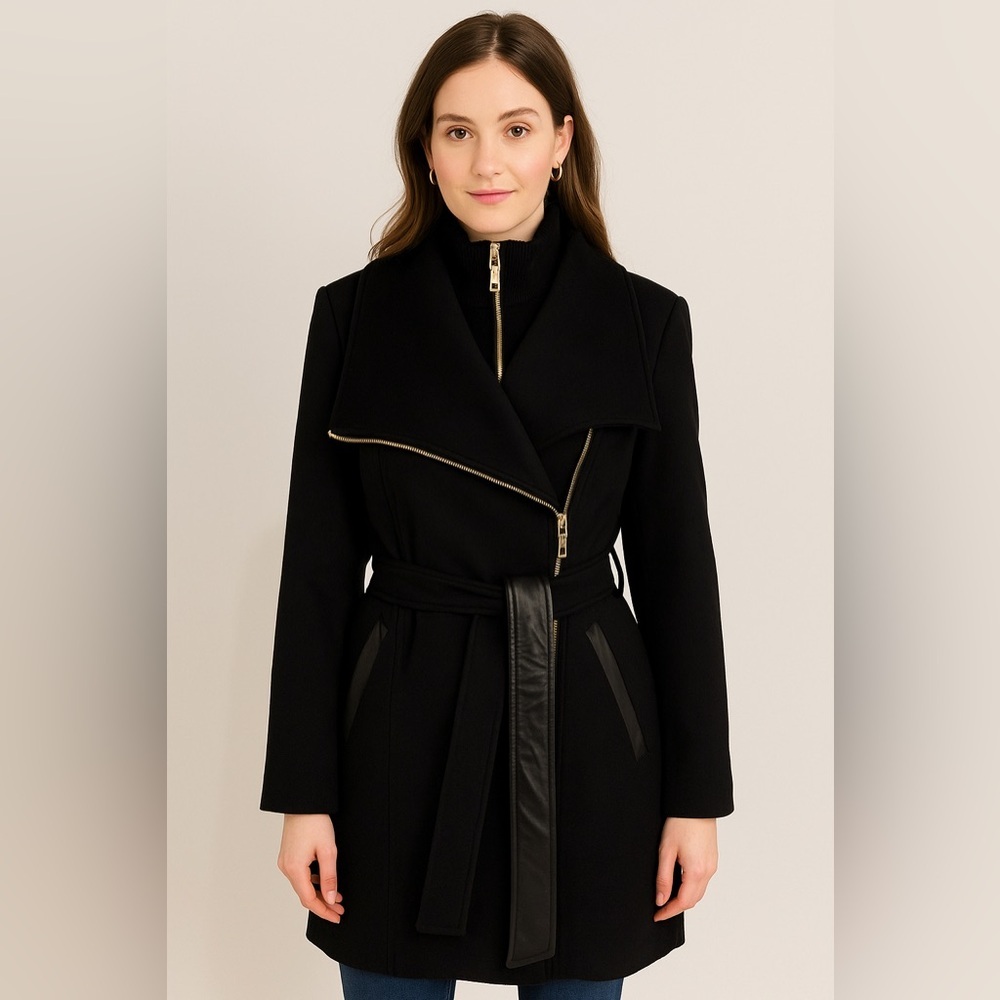 Vince Camuto Black Belted Layered Coat - L